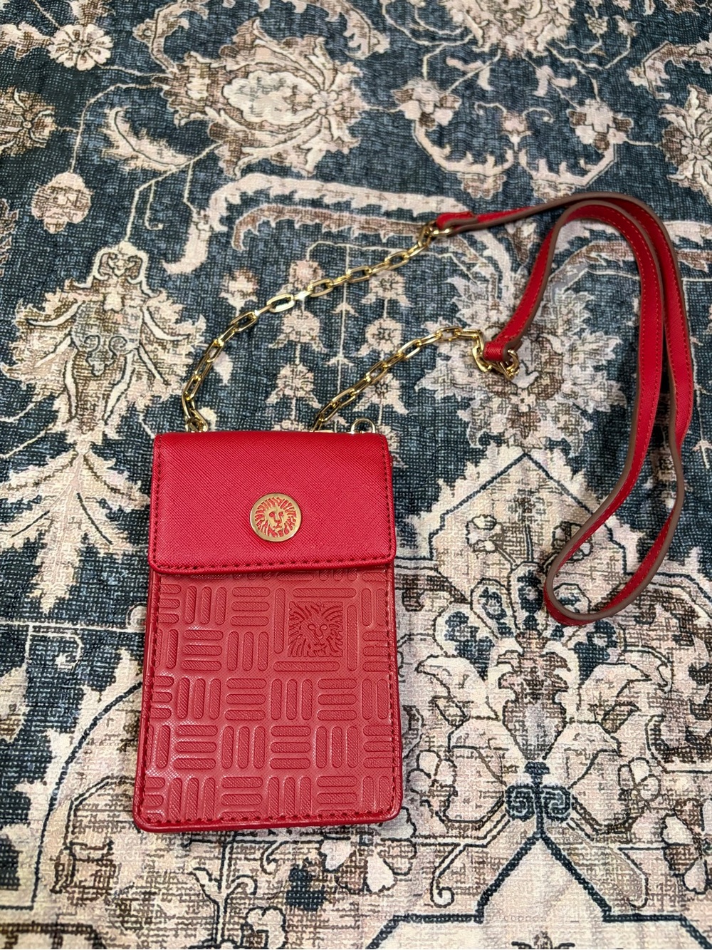 Anne Klein Red Crossbody Phone Bag with Gold Chain Accent